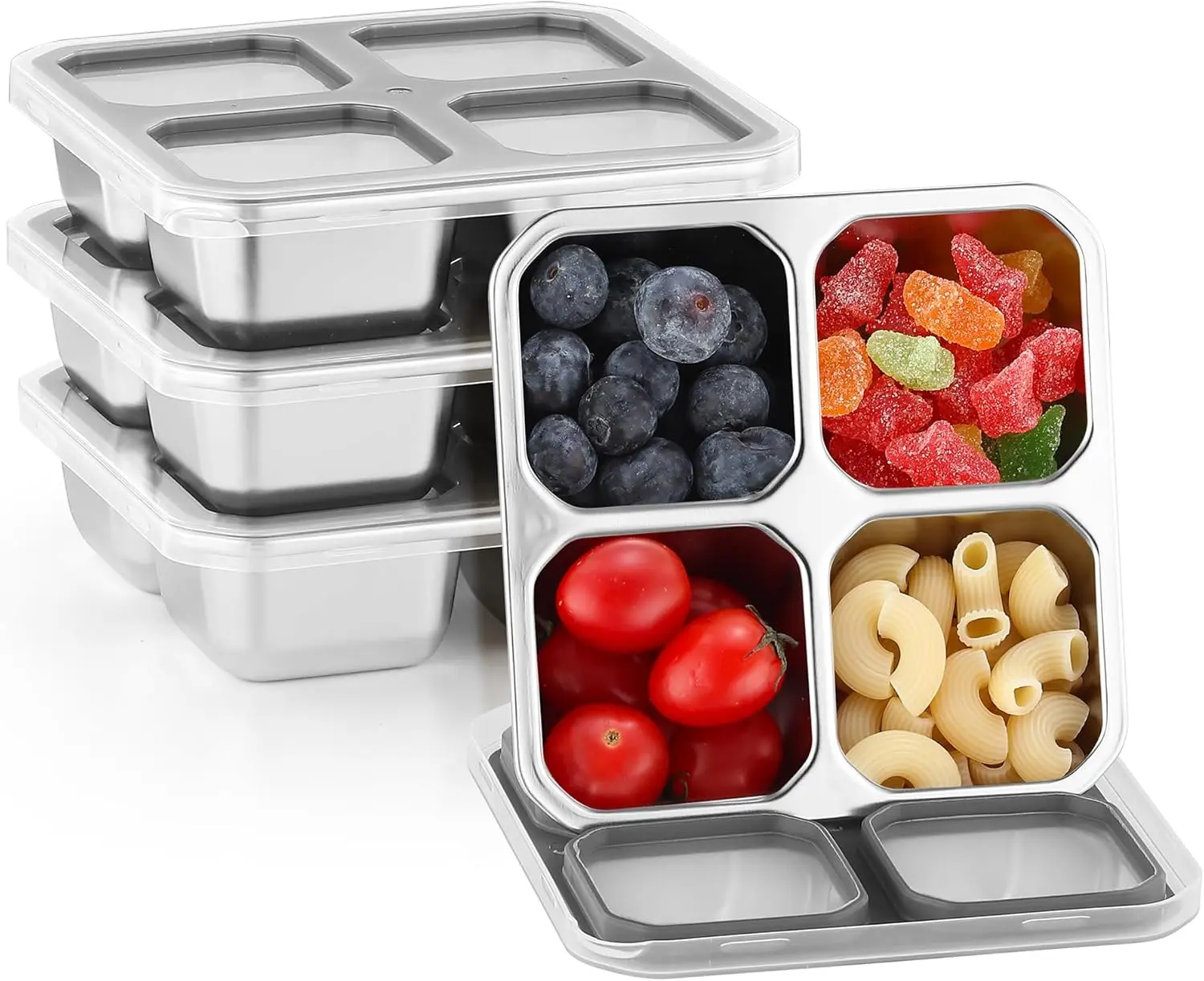 4 Pack Stainless Steel Snack Containers with Lids 4 Compartment Lunch Box for Adults &  Meal Prep Bento Box Containers
