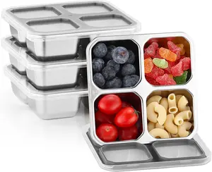 4 Pack Stainless Steel Snack Containers with Lids 4 Compartment Lunch Box for Adults &  Meal Prep Bento Box Containers