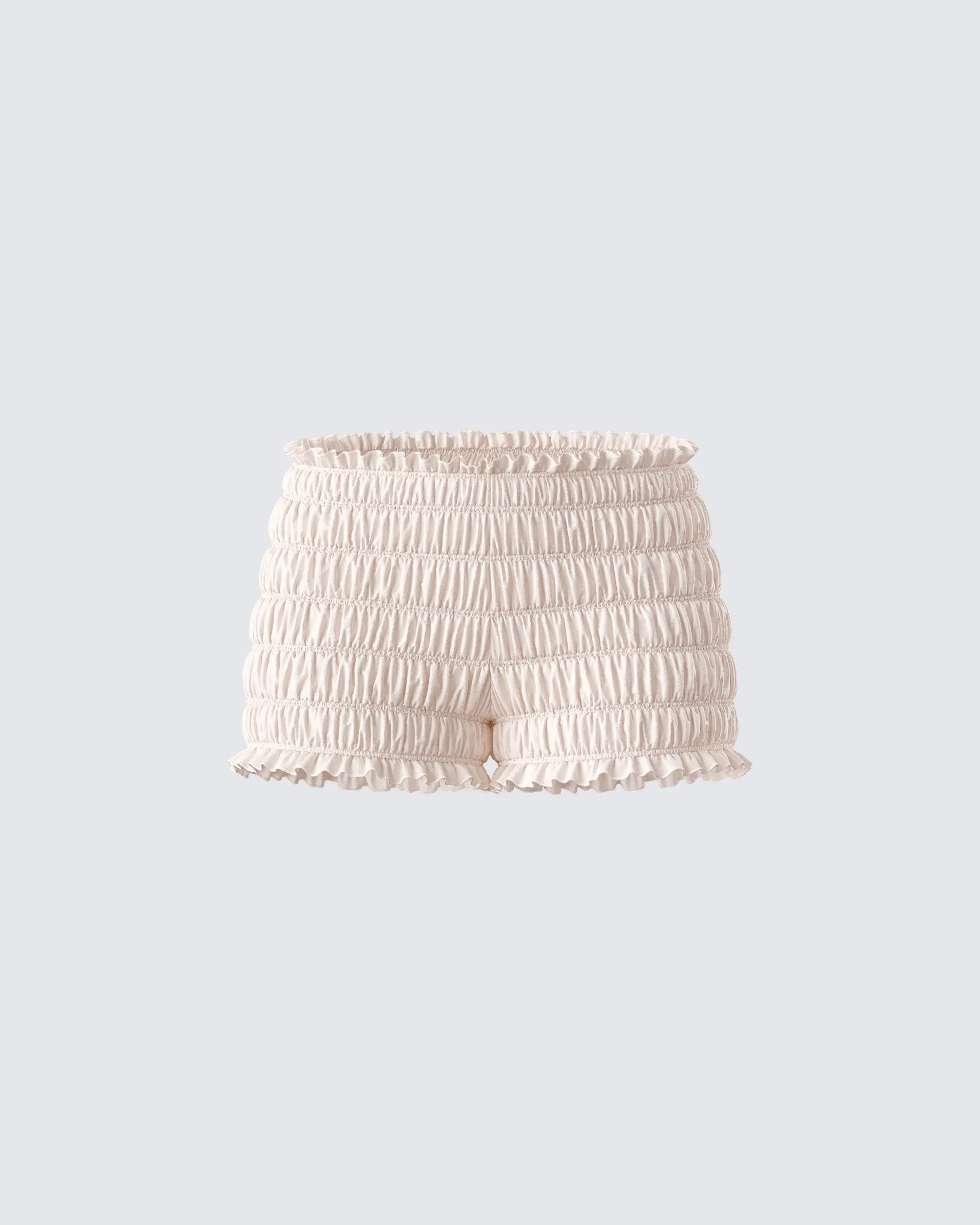 Women's Ivory Bloomer Shorts, Vintage-Style Relaxed Fit Shirred Spandex Fabric with a Smocked Waist and Ruffle Hem, Short, Elastic, Ruched, Bottoms, Loose-Fitting, Casual, Lady, Chic, Elegant