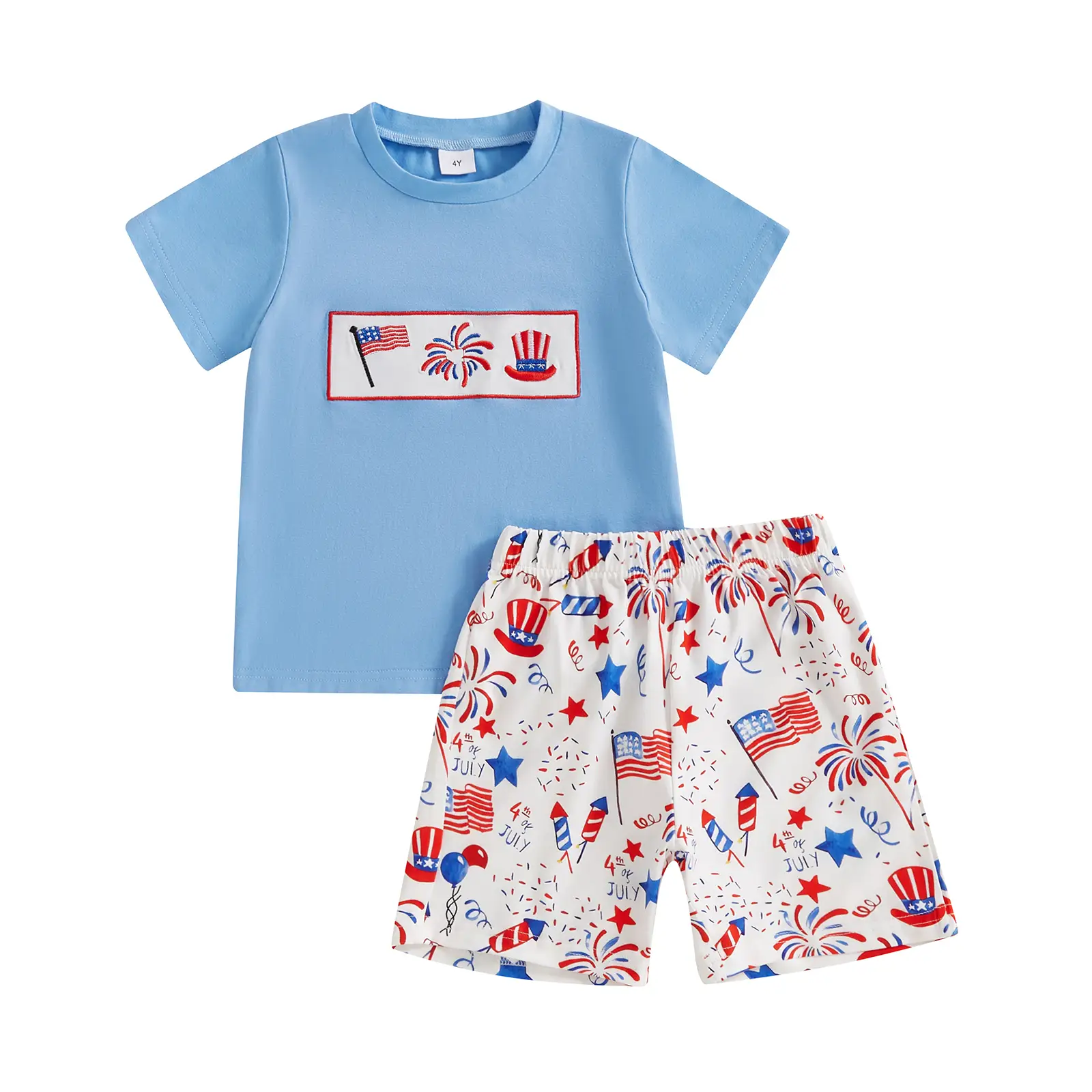 Little Boys 4th of July Outfit American Flag Firework Pattern Crew Neck Short Sleeve T-Shirt and Shorts 2 Pcs Set