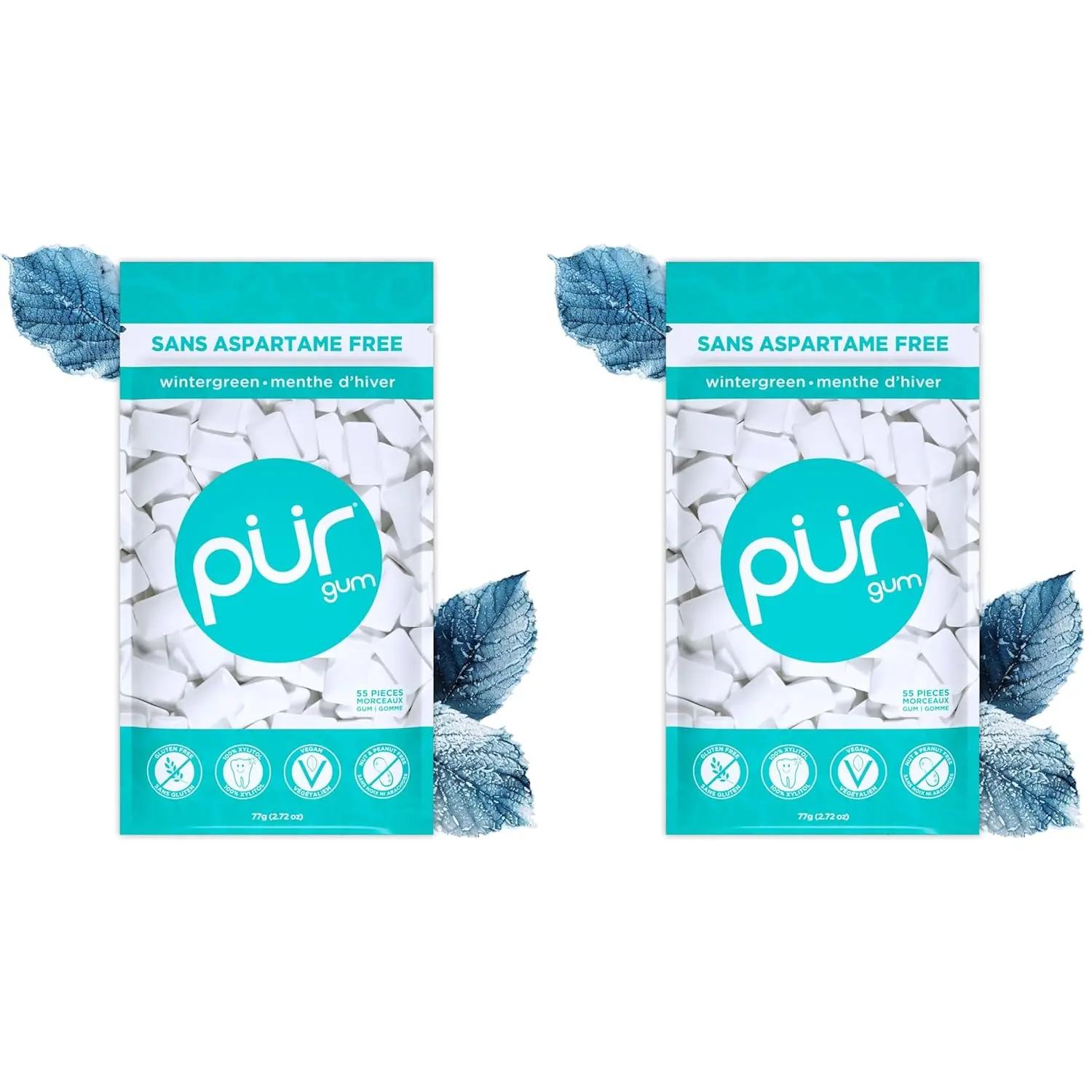 PUR Gum | Aspartame Free Chewing Gum | 100% Xylitol | Natural Wintergreen Flavored Gum, 55 Pieces (Pack of 2)