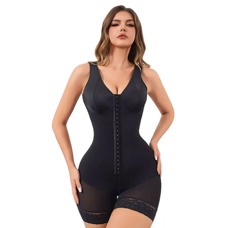 GOECI Women's Colombian Faja Body Shaper, V-Neck Full Body Contouring Shapewear with Zipper Crotch, Black Casual Minimalist Tummy Control Underwear