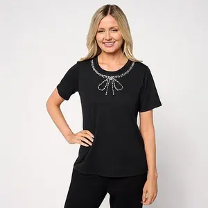 G by Giuliana Knit Top with Rhinstone Bow Neckline