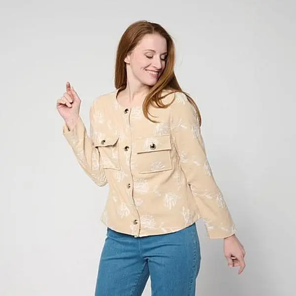 Jaclyn Smith Woven Floral-Embroidered Buttoned Jacket