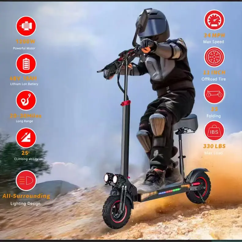 Off  Road 1200W Electric Scooter with seat for Adult, 48V 18AH Folding Scooters Up to 34Mph & 30-35Miles Range,11" Tire E-Scooter with Dual Suspension &Turn Signals for Commuter Outdoor