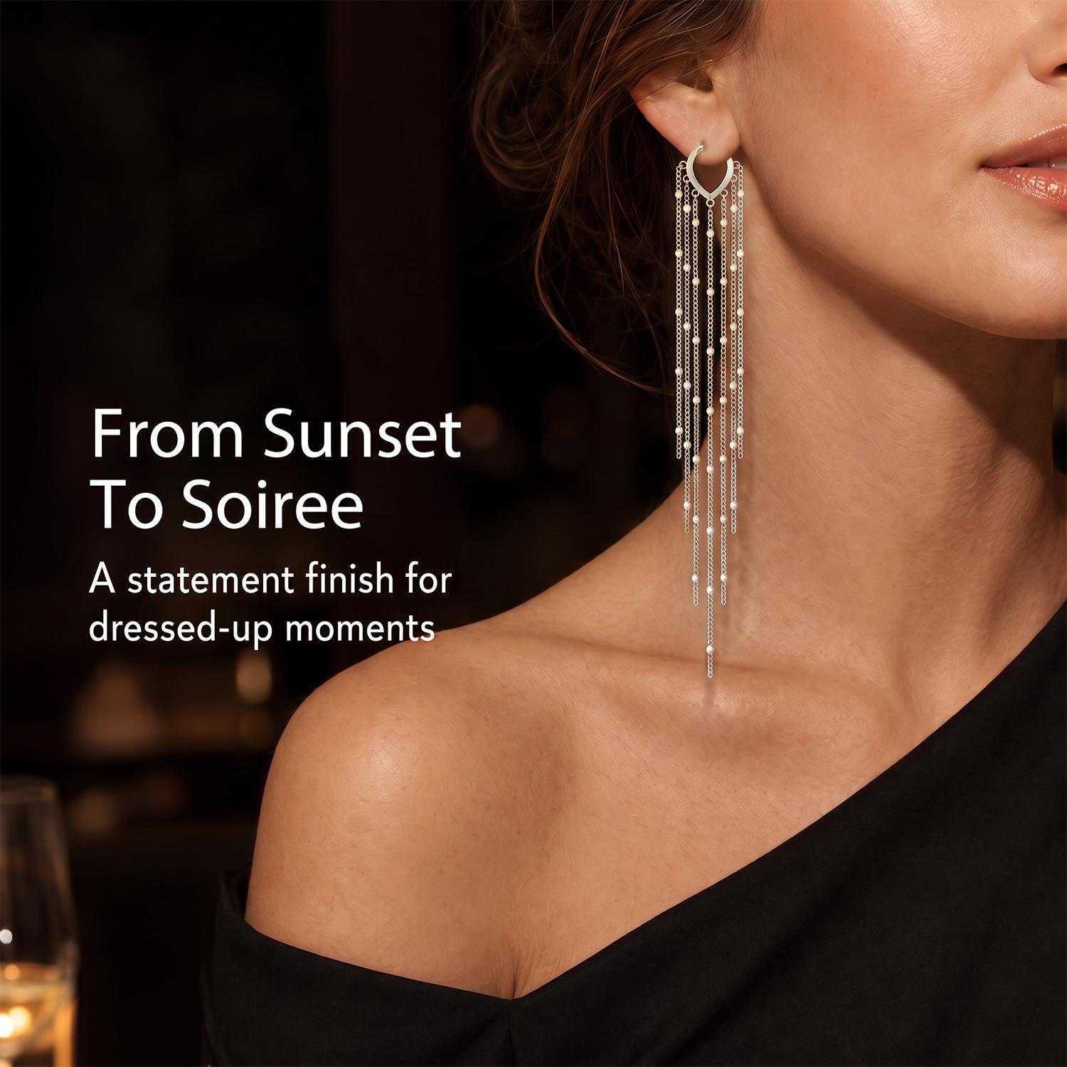 Women's 2Pcs Plated Metal Long Chain Threaded Tassel Earrings - Hypoallergenic, Lightweight Statement Jewelry for Bride Party, Ideal Mother's Day Gifts