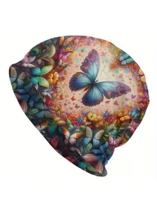 Biihudu Fashionable Butterfly Print Knit Cap - Polyester and Spandex Blend, Elastic Band, Unisex Lightweight Skullcap