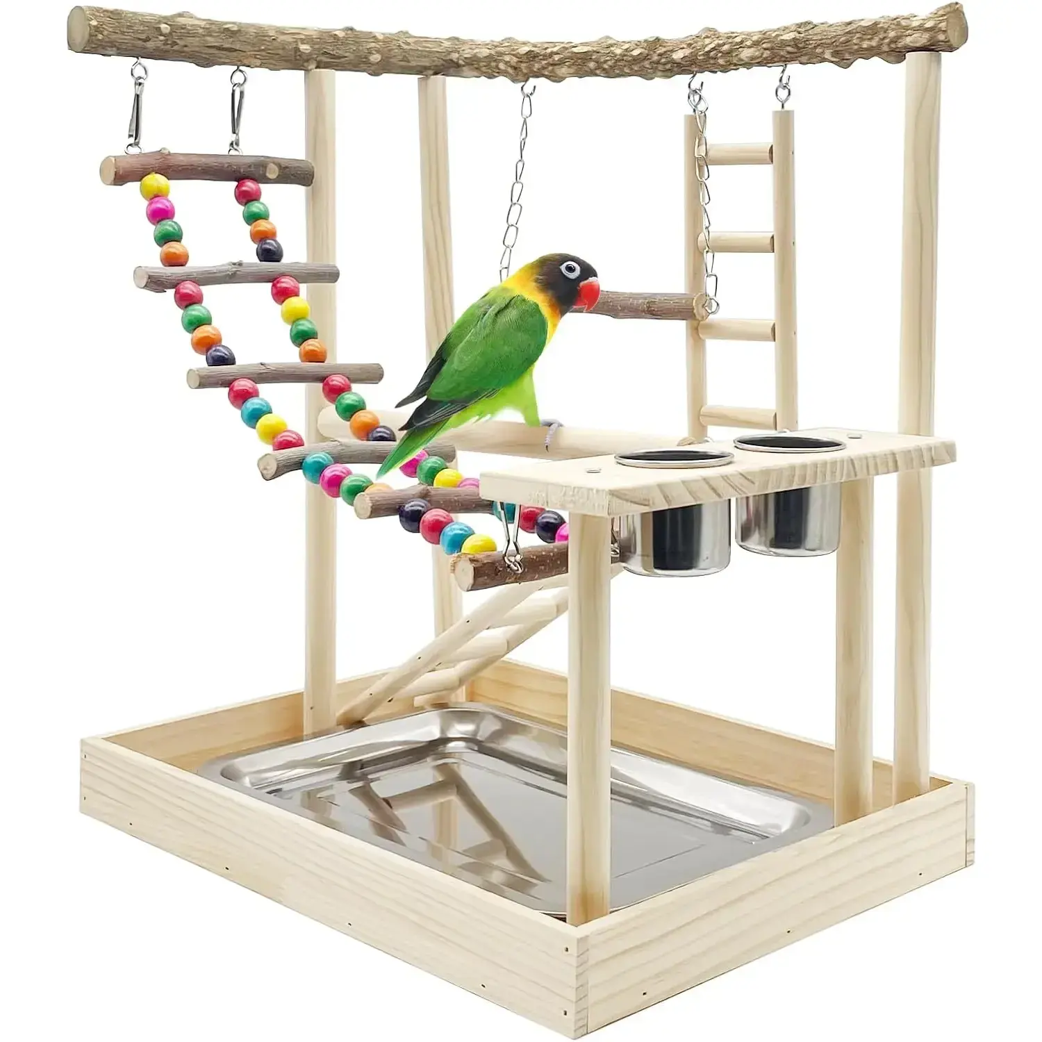 Sturdy Natural Wooden Bird Play Gym Parrot Playstand - Bird Exercise Activity Center with Perch, Climb Ladders, Swings, Chewing Toys, Feeding Cups, Water Cups, Tray, Screws - 15"l x 11"w x 16.9"h for Parrots, Cockatiels