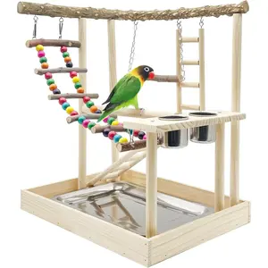 Bird Playground Parrots Wood Perch Stand Cockatiel Playground Bird Play Gym Colours Climb Ladders Swing Chewing Toys with Parakeet Feeding Cups Exercise Activity Center for Lovebirds Conure