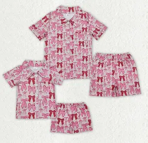 Mommy and Me Baby Girls Pink Bows Pocket Lapel Buttons Shirt Shorts Pajamas