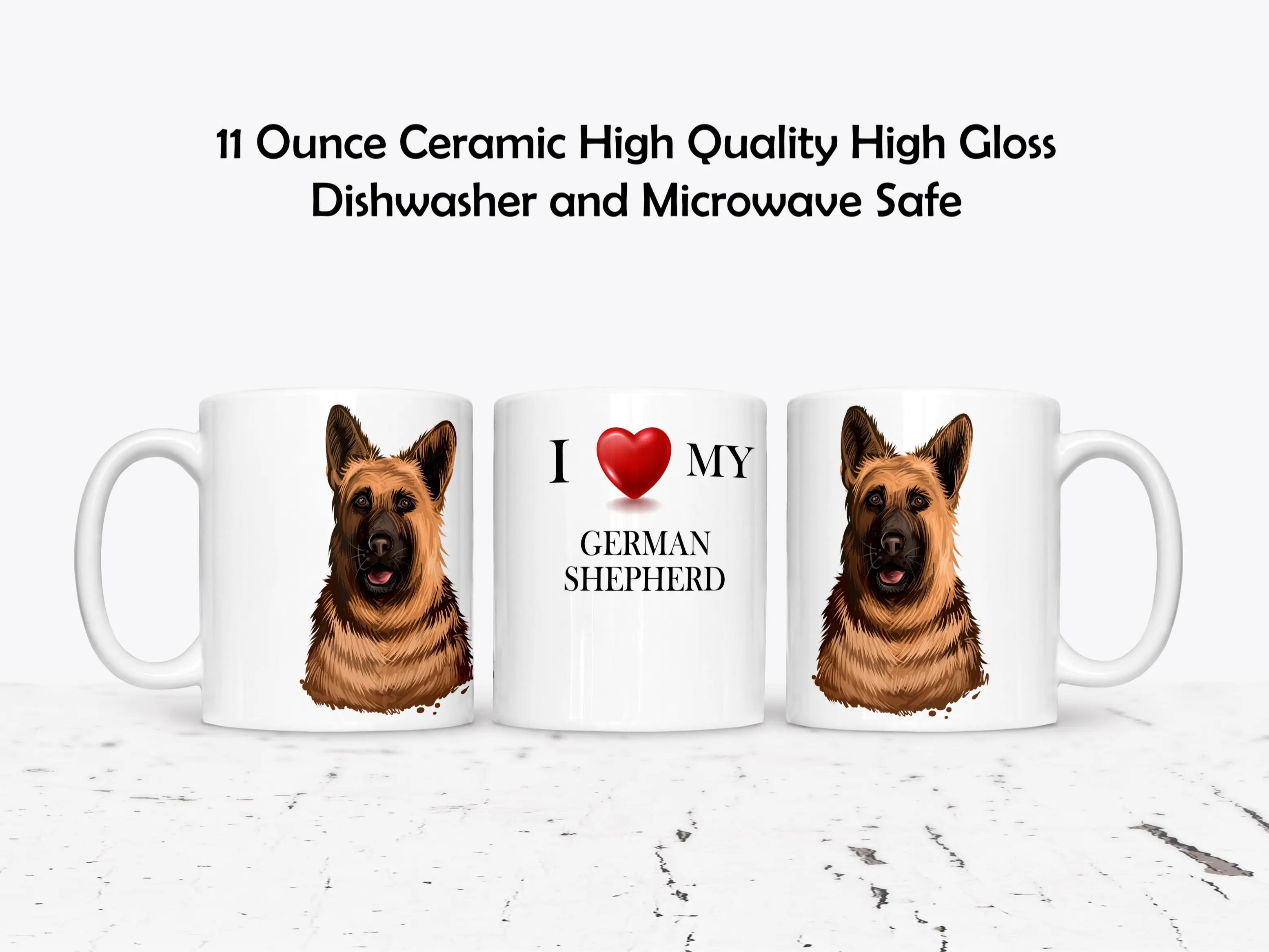 German Shepherd Custom Love My Dog Drinkware 11 or 15 Ounce Ceramic High Gloss Dishwasher Microwave Safe Mug Personalized with Pet's Name by The Brightener Group