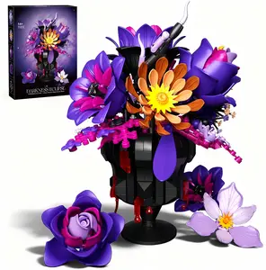Dark Realm Thriving Flowers Bouquet Building Set with Vase, Christmas PurpleRoses Botanical Collection Kits for Adults Women, GothicHome Office Table Centerpiece Home Decor