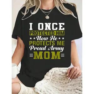 Proud Army Mom Military Soldier Mama Mothers Day T-Shirt for Women 100% Cotton Crew Neck Short Sleeve Graphic Tee Stylish Comfortable Casual Top Womenswear Black Streetwear Summer