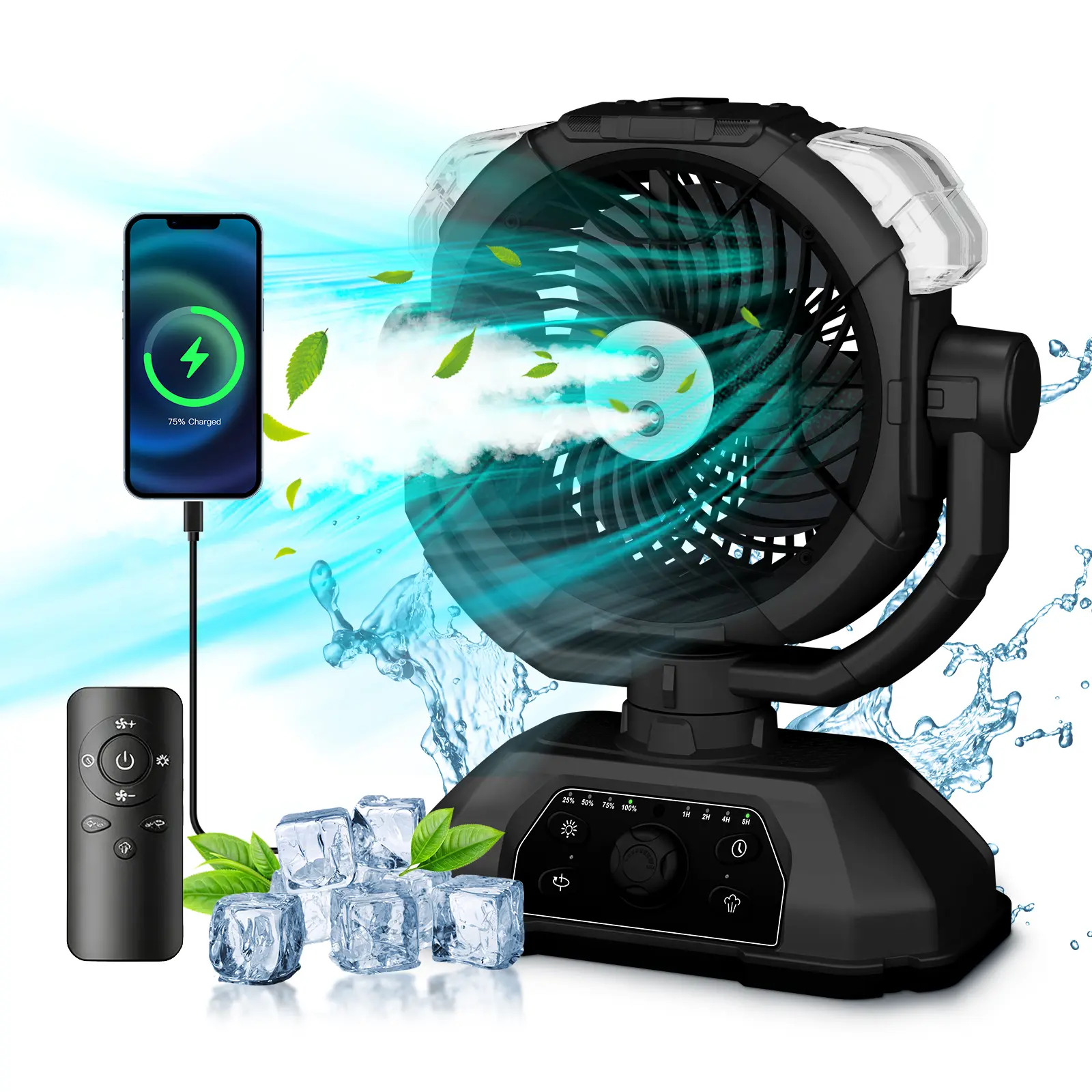 CoolHYFan Water Cooling Fan - Rechargeable Battery-Powered Wireless, 48-Hour Battery, 4-Hole Adjustable Mist Spray, 360° Rotating Hook, LED Light, Lightweight Emergency Control, Portable Fan for Home & Travel, Fan Portable