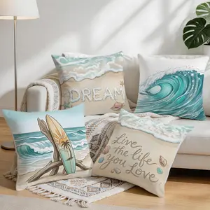 4pcs Beach Style Text Pattern Cushion Covers, Single Side Print, Living Room Bedroom Home Decor, All Season Pillow Cases, No Insert Included