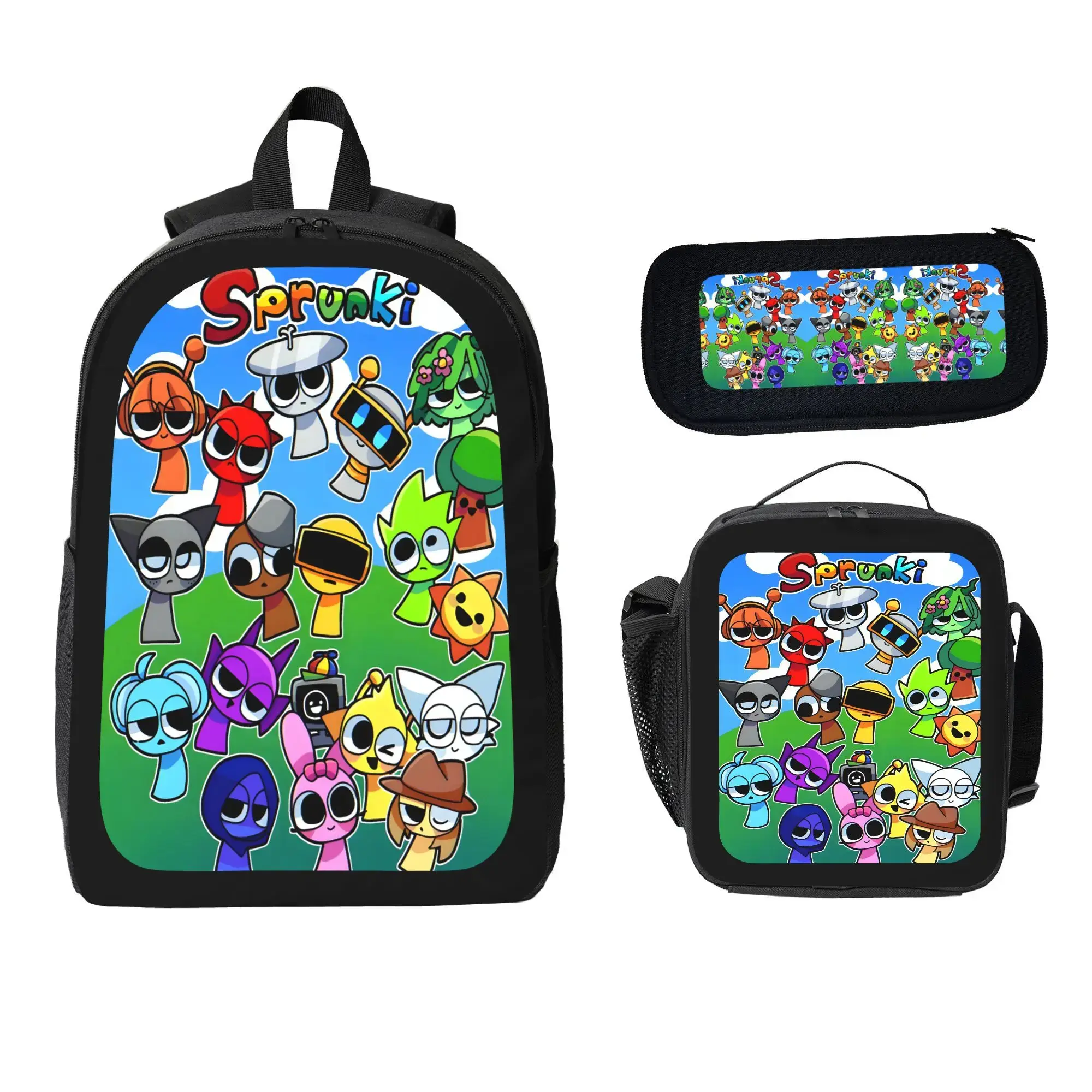 3PCS Sprunki Backpack Set with Lunch Bag and pencil case and Large Capacity Backpack suit for student,middle school sprunki backpack back bag