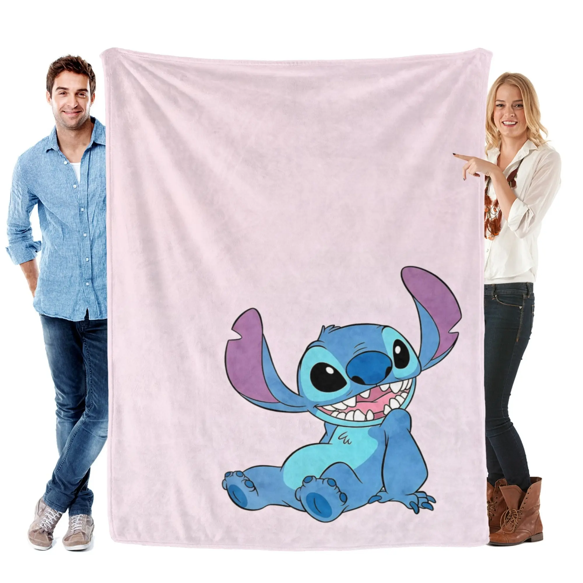 [SummerVibes] DISNEY CLASSIC Stitch Soft Pink Flannel Blanket, Cute Minimalist Cartoon Throw for Girls, Bedroom Decor & Office Nap