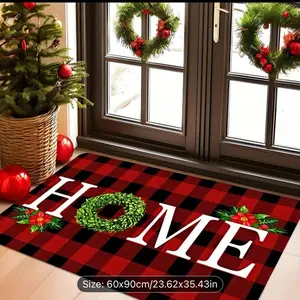Festive Christmas Doormat Christmas-Themed Welcome Doormat 1pc Festive Wreath Design with HOME Text Washable Polyester Ideal for Entryway Bedroom Bathroom Kitchen Laundry Room Holiday Home Decor Christmas Decorations Christmas Mat Christ