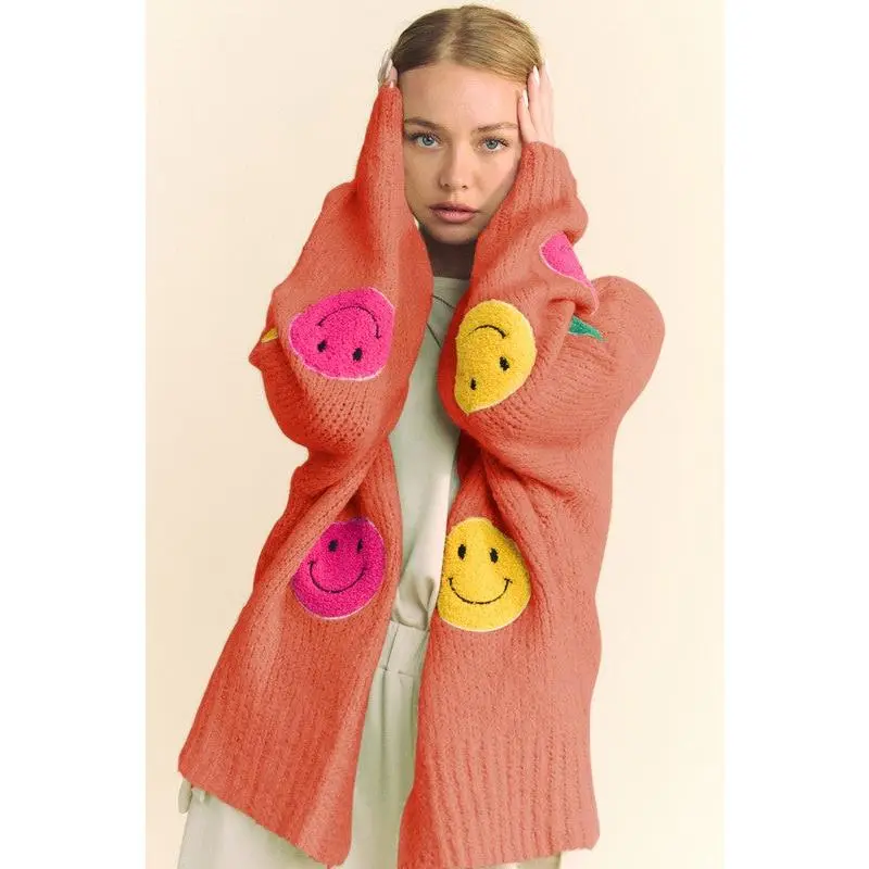 Davi & Dani Fuzzy Smile Open Front Long Sleeve Cardigan