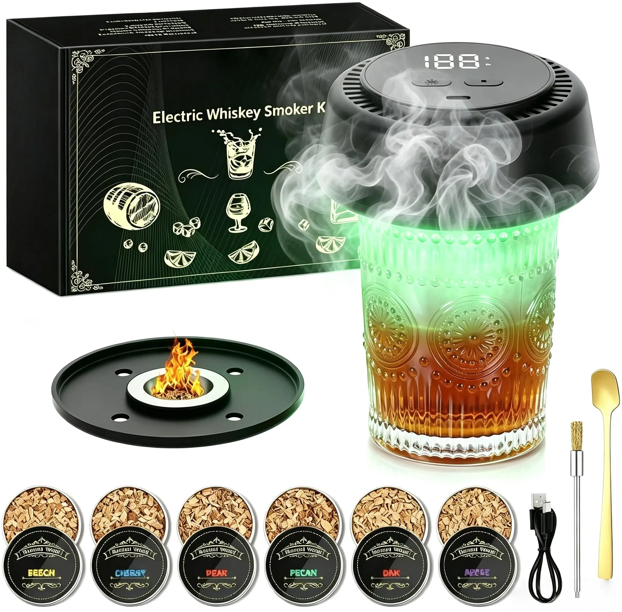 Electric Whiskey Smoker Kit Cocktail Smoker Kit with 6 Wood Chips, No Butane Needed & Ambient Light, Built-in Rechargeable Lighter, Fashioned Drink Smoker Kit, Gift for Men, Dad, Husband,