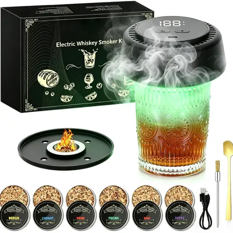 Electric Whiskey & Cocktail Smoker Equipment Kit - 6 Wood Chips, No Butane Needed, Ambient Light, Built-in Rechargeable Lighter, Drink Flavor Enhancer, Built-in Batteries, Household Drink Flavoring Tool, Gifts for Him, Mens Gifts