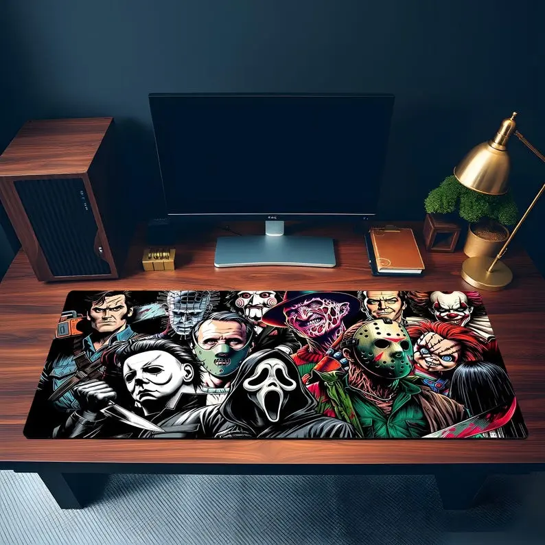 Classic Horror Character Collage Desk Mat | Dark Movie Inspired Gaming Mouse Pad, Vintage Horror Icons Desk Mat | Spooky Character Collection Gaming Mouse Pad