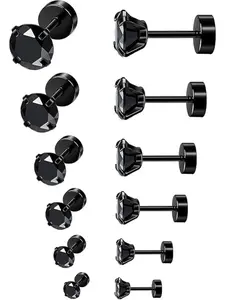 6Pairs Hypoallergenic Flat Back Earrings 316L Stainless Steel Studs for Sensitive Ears, 3-8mm Cubic Zirconia, Stylish Jewelry for Women Men - Silver