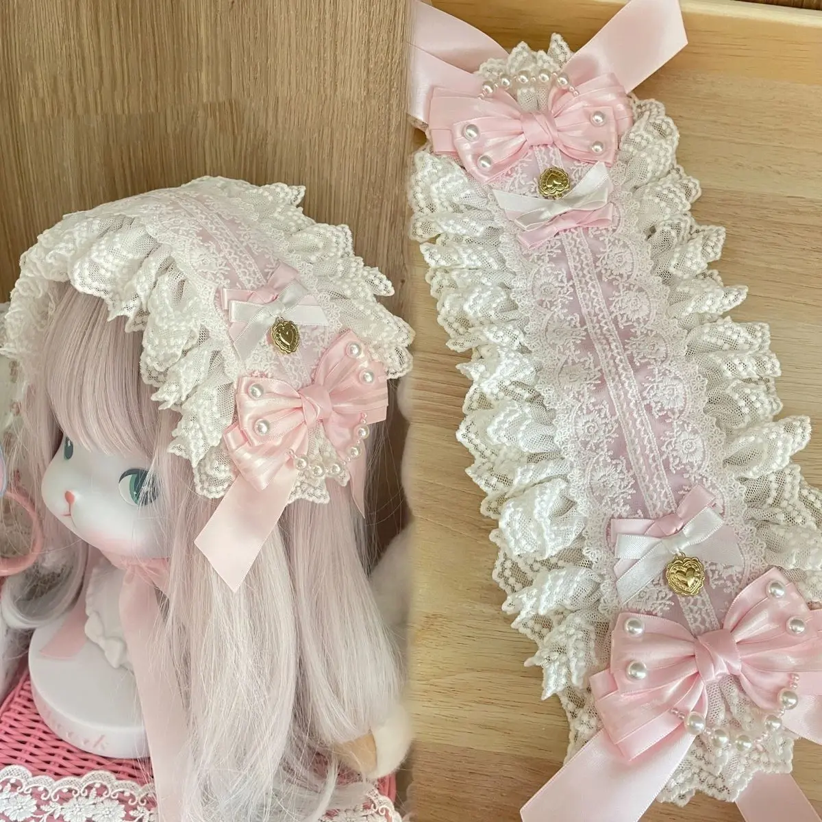 Female Sweet Lolita Fashion Headbands - Handmade Lace Costume Headpiece with Blush Pink Bow Accent for Pink Bow Aesthetic, Sweet Lolita Look, Dainty Hair Accessories