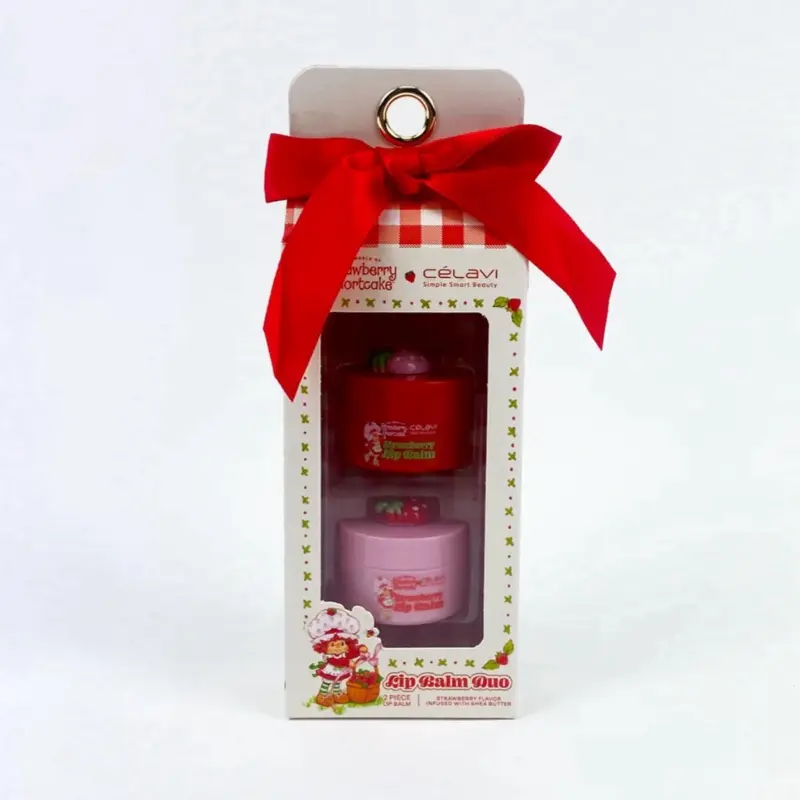 Celavi Strawberry Shortcake Lip Balm Duo Gift Set with Red Bow and Festive Packaging