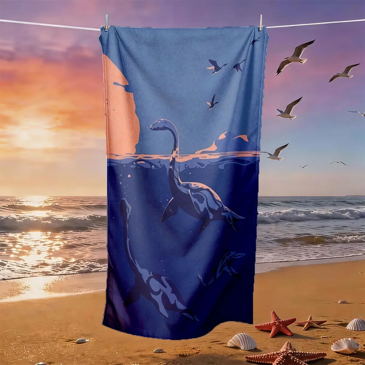 Vintage Loch Ness Monster Print Design Beach Towel, Skin-Friendly, Absorbent, Quick-Dry, Perfect for Beach, Pool, Summer Travel, Home Use