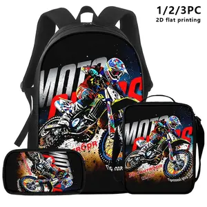 Dirt Bike Motocross Rider 3PCS Backpack Set, Durable 600D Oxford Cloth School Bag Adjustable Breathable Strap, Fits 15in Laptop for Kids Teens School Travel Outdoor