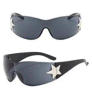 [2026] Rimless Y2K Sunglasses Star Wrap Around Glasses 2000S Accessories for Women Men Trendy Fashion Cool Shield Shades Modern Polished UV400 Protection Futuristic Design