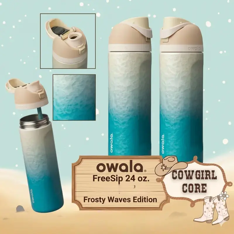 Owala FreeSip 24oz Rolling In Insulated Stainless Steel Water Bottle with Straw Lid Ombre Beach Design for Travel Gym School