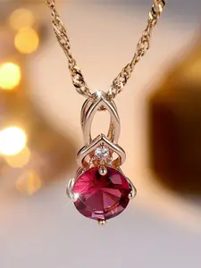 Female Synthetic Crystal Rose Red Zirconia Stone Cute Round Pendant Necklace Vintage Gold Color Wedding Jewelry For Women