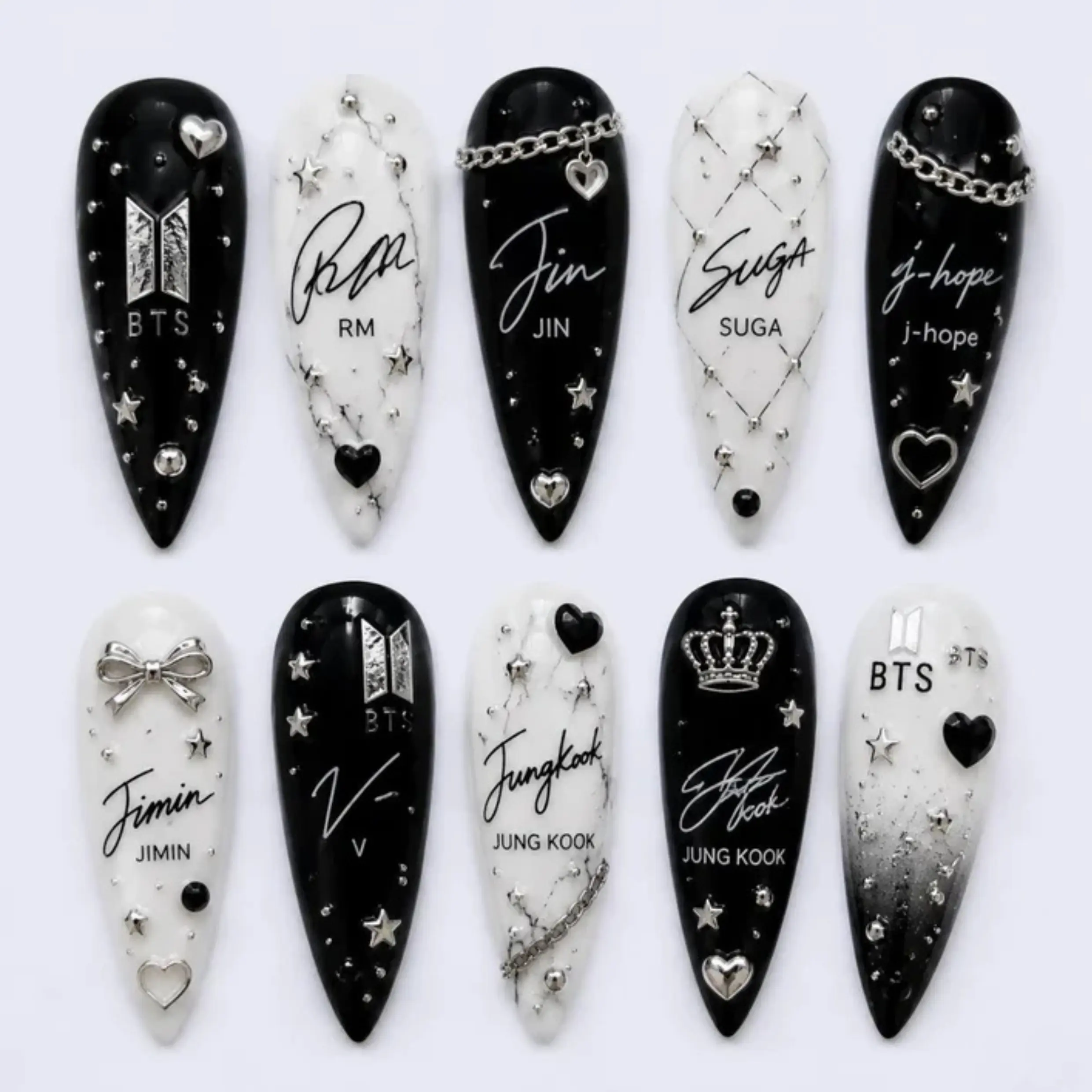 Black White Press On Nails, Kpop ARMY Nails, BTS OT7 Member Name Nails, Gothic Star Chain Nails, Handmade Gel Fake Nails