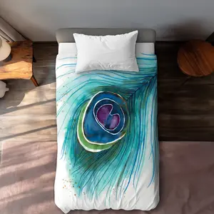 Begin Home Decor C1DCTSW0Q0TG5U Peacock Feather Closeup Twin Size Duvet Cover - Exotic Living Room Decor