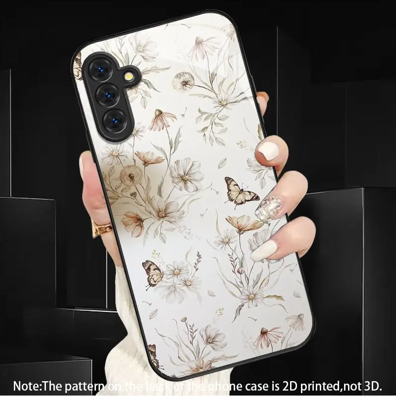 Phone Case-Watercolor Wildflowers,Butterflies,Bees Vintage Wallpaper Pattern Light Luxury Black Tempered Glass,Samsung Galaxy S26 S25 S24 S23 S22Pro S21 S20 Fe Plus Ultra Pro A56 A55 A54 A53 A52 A51 A36 A35 A34 A32 A26 A25 A24 A23 A16 A15 A14 A06 A05 A03s