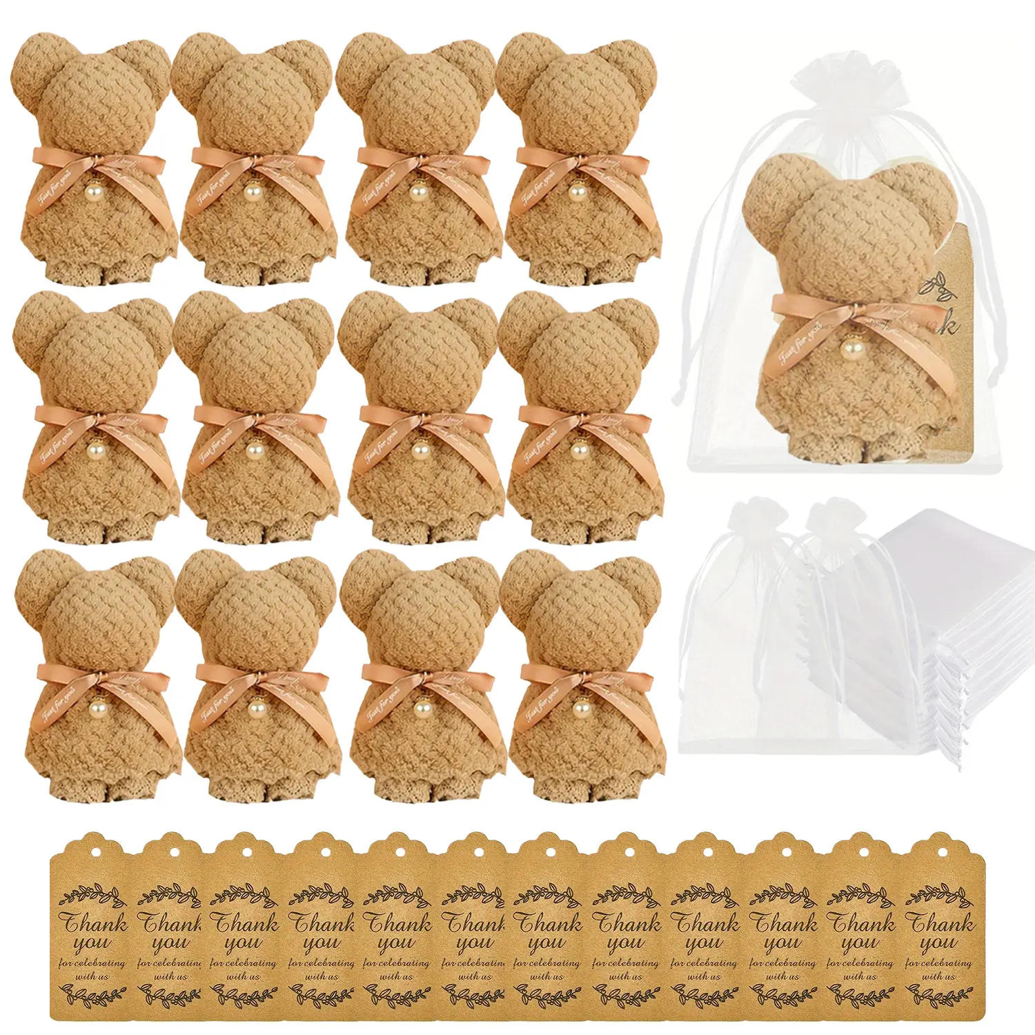 12-Pack Coral Fleece Bear Hand Towel Party Favors with Drawstring Satin Organza Gift Bags & Pearl Thank You Tags - Wedding, Baby Shower Return Gifts (Home & Festive Party Supplies), Decorative