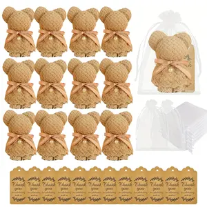 Bear Towel Party Favors with Organza Gift Bags and Thank You Tags - Set of 12 Coral Fleece Hand Towels for Wedding, Baby Shower, Bridal Shower, and Birthday Party Return Gifts