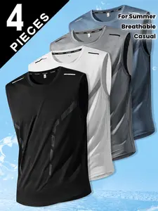 Pack of 4 – Men’s Sports Tank Tops, Summer Breathable Stretch Tanks for Men, Stylish Printed Sleeveless Casual Sport Tanks, Suitable for Sports, Outdoor Training, Fitness Outfits, Great as Gifts
