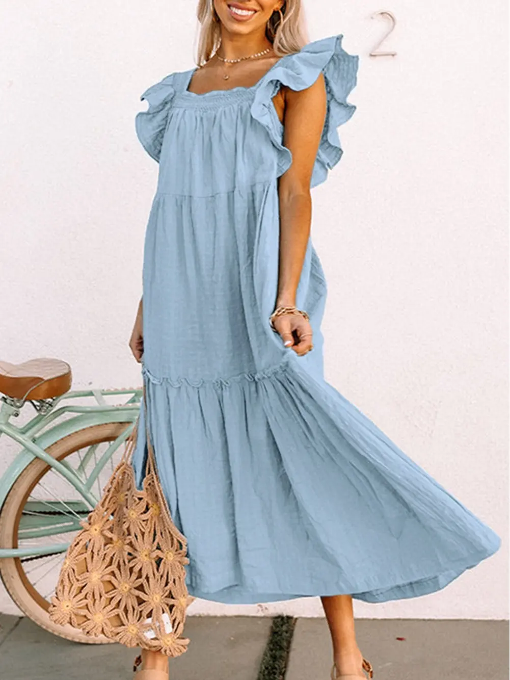 knee length dresses for ladies Flutter Sleeve Tiered Maxi Dress Verde / Small / JH2288-3