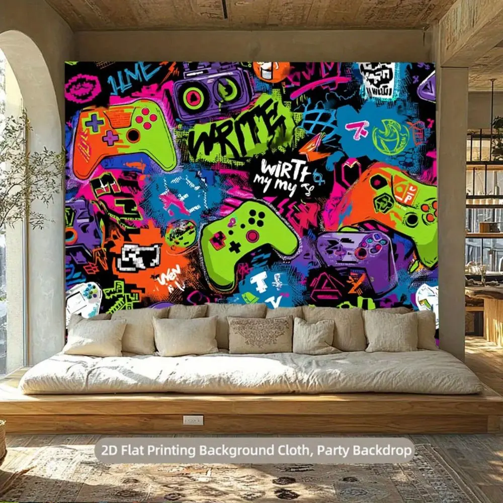 Super Large Seamless Graffiti Print Wall Hanging Backdrop - Vibrant Gaming Theme with Controllers, Text, Durable Polyester Banner, Party Decoration Supplies for Indoor Birthdays, Christmas