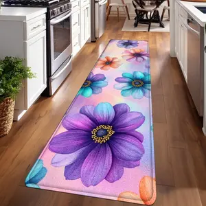1PC, Happy Spring Purple Blue Orange FlowersPatterned strip rugs, Washable Floral Rug, used for everyday or festive decorations, entryway mats, RV mats, bathroom non-slip mats, bedroom bedside mats, and kitchen mats.