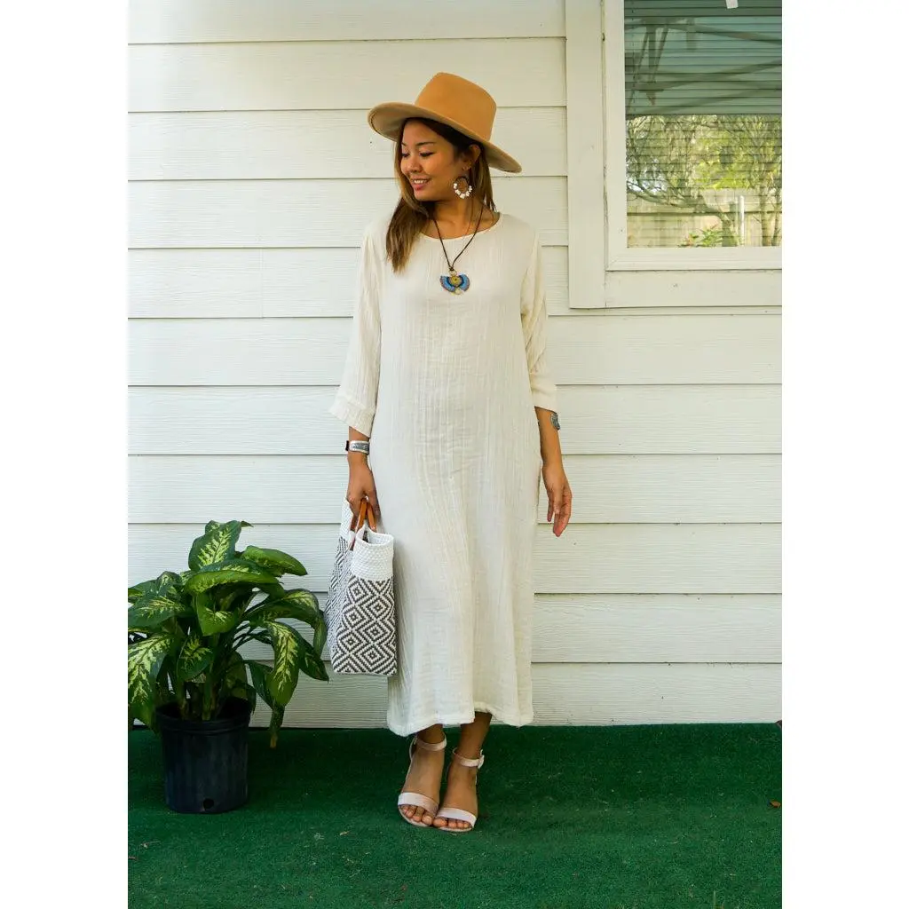 Ivory Double Gauze Muslin Cotton Dress with Pockets