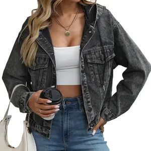 Womens Oversize Vintage Washed Hooded Denim Jacket Long Sleeve Classic Loose Jean Trucker Jacket