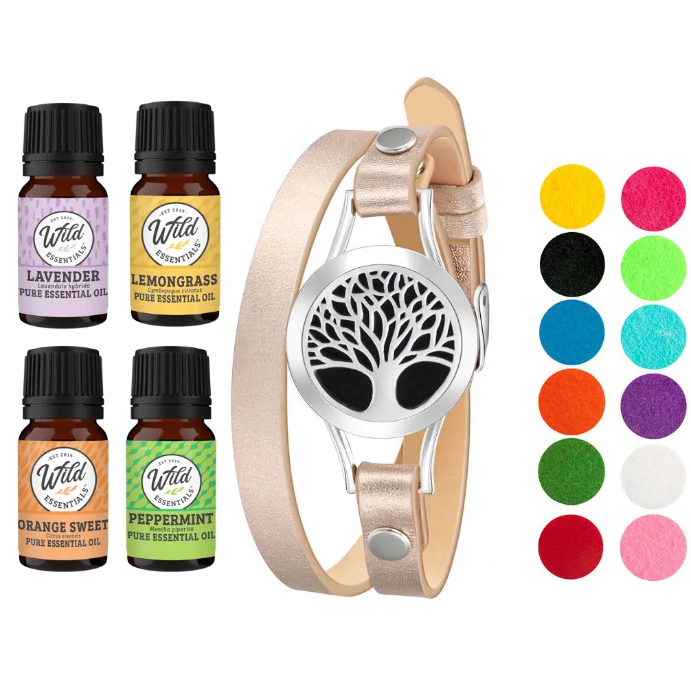 Wild Essentials Tree of Life Essential Oil Leather Wrap Bracelet Diffuser, Gift Set, Lavender, Lemongrass, Peppermint, Orange Oils, 12 Pads, Customizable Color Changing Perfume Jewelry, Aromatherapy