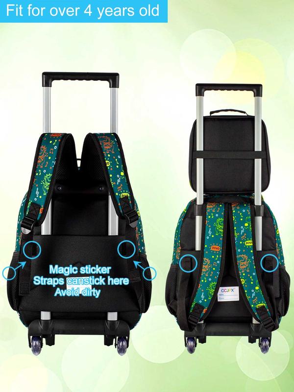 3Pcs Dinosaur Rolling Backpack for Boys, Kids School Backpacks with Wheels, Roller Bookbag with Lunch Box for Elementary Preschool(Green)