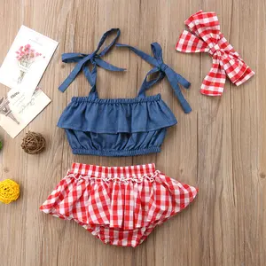 Baby Girls 3PCS Outfit Set, Sling Solid Color Flounce Layer Pleated Tops, Plaid Ruffle Triangle Pants, Bow Headband Suit