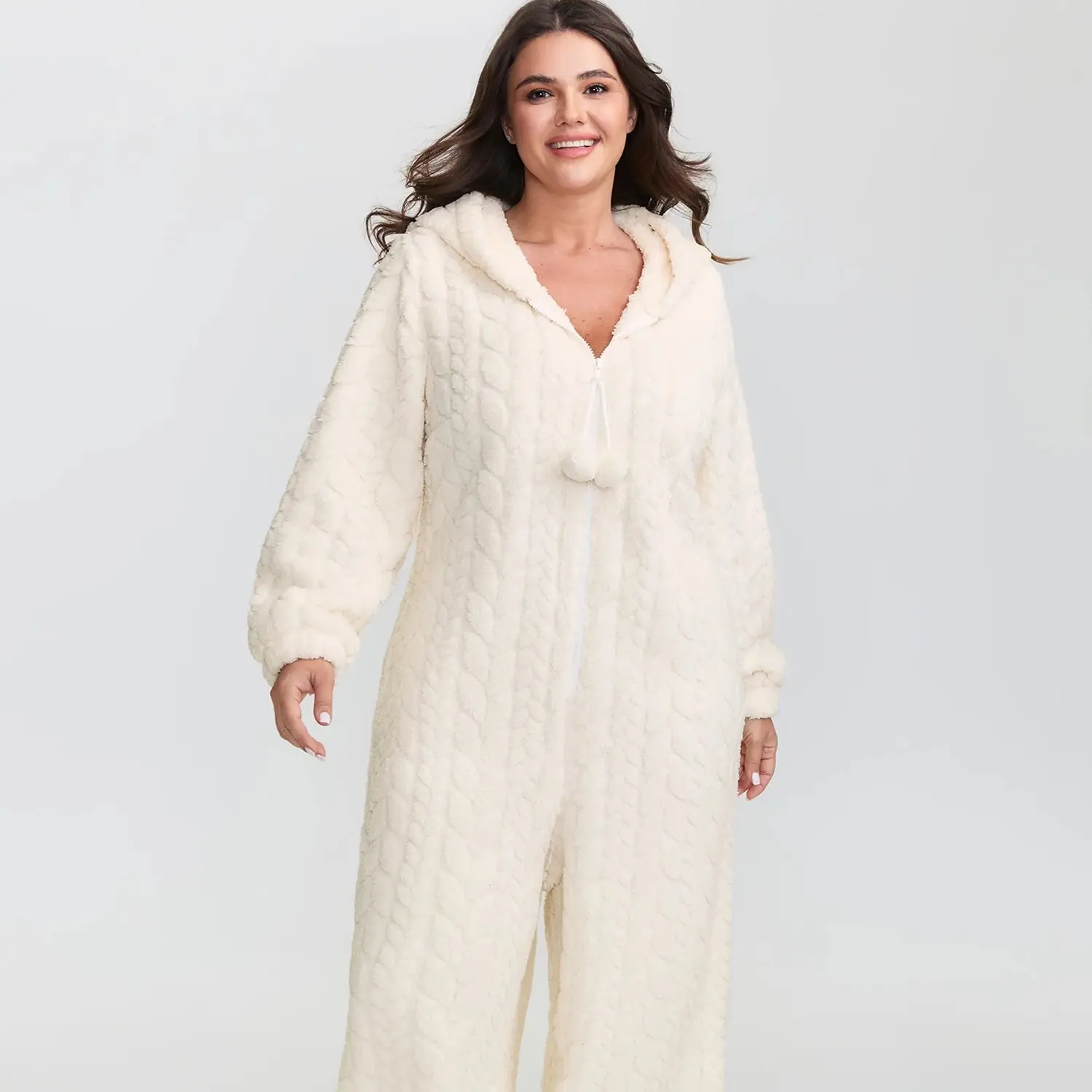 BloomChic Women's Plus Size Oversized Loose Hooded Longsleeves Fleece Onesie (M-6X) - Half-Zip Basic Fit Pocketfree Ease Cozy Winter Loungewear, Soft Warm Polyester Pajama Romper for Back to School
