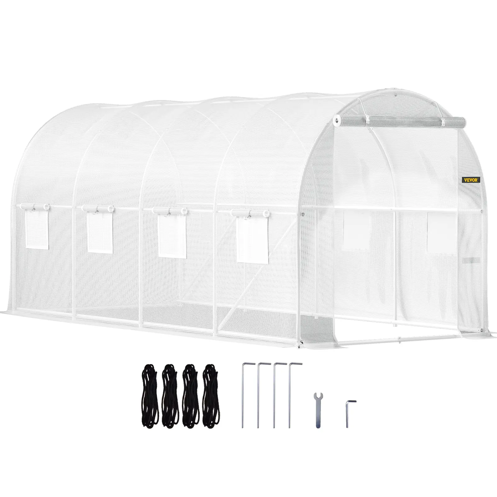 VEVOR 15x6.5x7 ft Walk-in Garden Tunnel Greenhouse Kit, Portable White Metal Hot House with Galvanized Steel Hoops, 1 Top Beam, Diagonal Poles, Zippered Door, 8 Roll-up Windows for Year-Round Plant Protection (Father's Day Gift), Outdoor